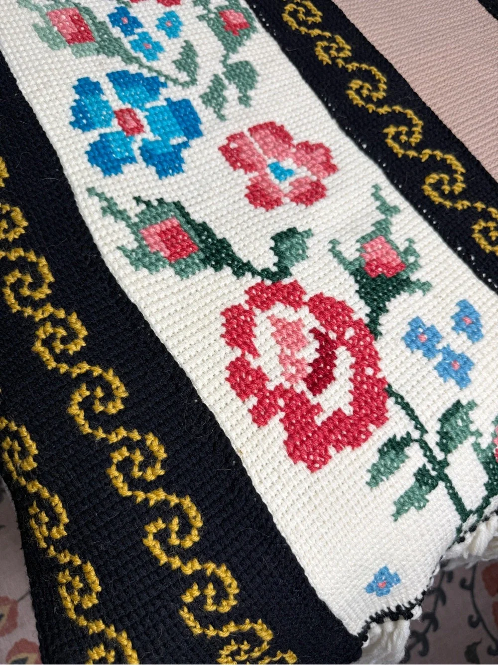 Vtg Hand Embroidered Cross Stitch Bedspread Blanket Floral Bird Cottagecore